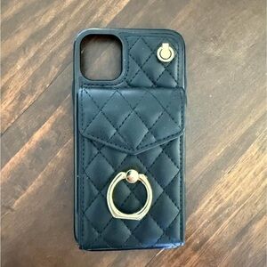 Luxury Black Quilted iPhone11 Phone Case with Gold Ring